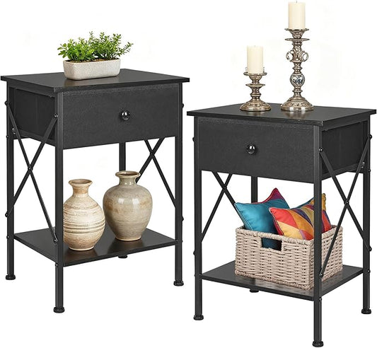 VECELO Nightstand Set of 2, X-Design End Side Table with Fabric Storage Drawer and Open Shelf, Bedside Night Stand with Steel Frame for Bedroom, Living Room,Dorm, Easy Assembly,Classic Black