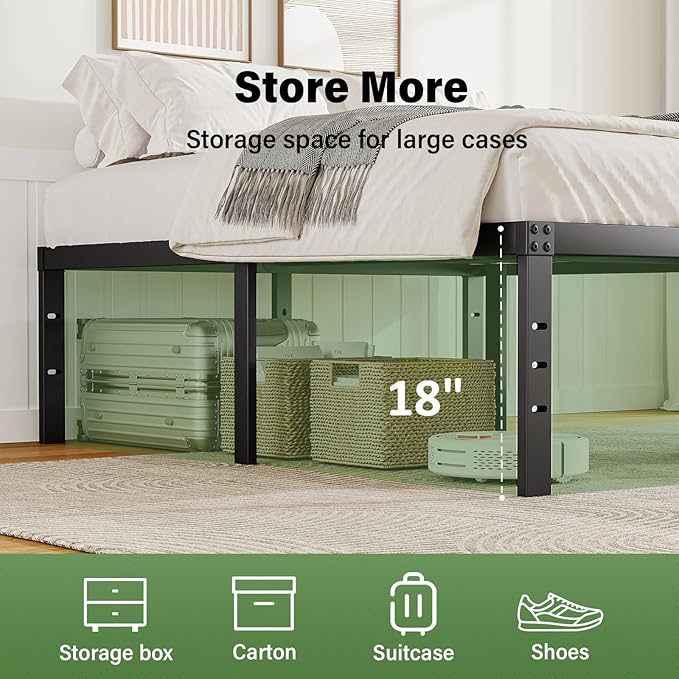 DTIG 18 Inch Queen Bed Frame No Box Spring Needed, Metal Platform Bed Frame Queen Size, Easy Assembly Heavy Duty Noise Free Tall Bed Frame, Black