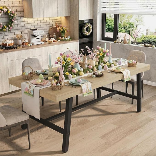 70” Large Dining Table for 6-8 People, Rustic Industrial Farmhouse Kitchen Table, Rectangle Wooden Dining Room Table with Heavy-Duty Metal Frame, Stable & Waterproof for Home, Kitchen, Dining Room