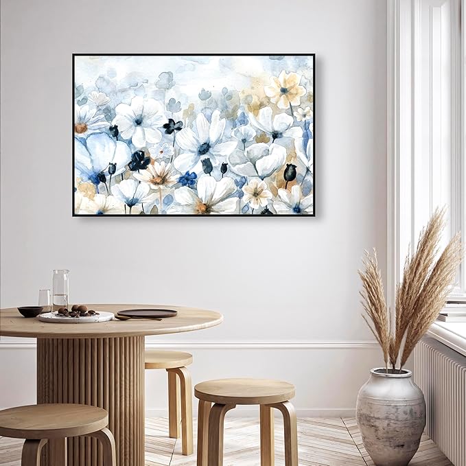 The Oliver Gal Artist Co. Floral and Botanical Wall Art Framed Canvas Prints 'Fields Flowers Home Décor, 45" x 30", Blue, White