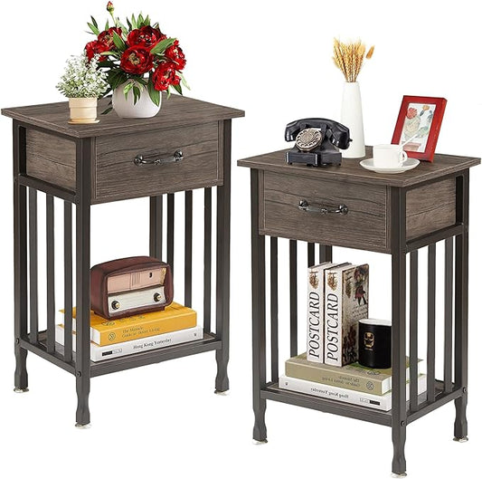 VECELO Night Stand Set 2 with Drawer and Storage Shelf,15.7x11.8x23.6 inches Bedside Table End Table,Wood Nightstands for Bedroom, Living Room,Sofa,Gray,2 Sets