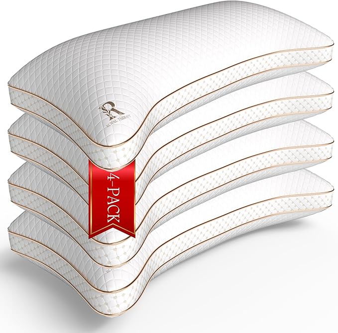 Royal Therapy Queen 4-Pack Memory Foam Pillow, Adjustable Shredded Odor-Free Cut-Out Bed Pillow for Neck & Shoulder Pain Relief, Breathable Support for Back, Stomach, Side Sleepers, BioForm