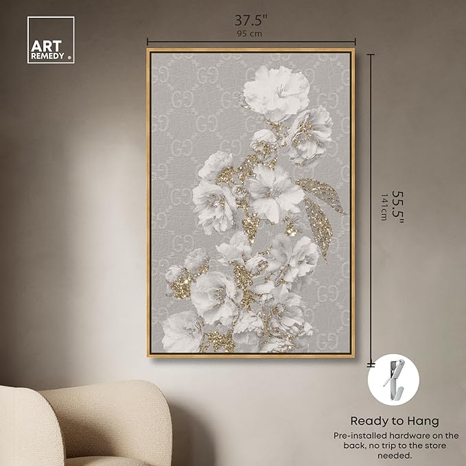 Art Remedy Floral in Classic Fashion Canvas Delicate Farmhouse Wall Art, Gold Frame, 36" x 54"