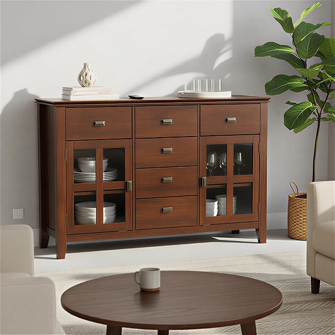 SIMPLIHOME Artisan Buffet - 54 inch Wide Solid Wood 3-Door Sideboard Buffet in Russet Brown, Transitional Storage Cabinet for Dining Room or Kitchen with Adjustable Shelves and Bronze Hardware