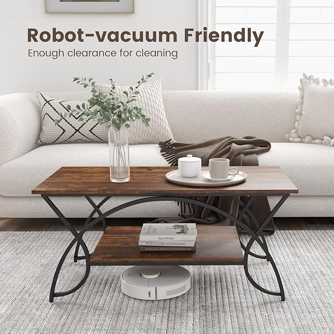COSTWAY 2-Tier Coffee Table, Industrial Wood Accent Table with Storage Shelf and Black Finished Metal Frame, Chic Rectangular Side End Table for Living Room Office Lounge (Coffee)