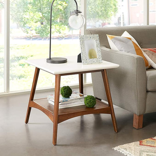 Madison Park Parker End Tables-Solid Wood, Two-Tone Finish with Lower Storage Shelf Modern Mid-Century Accent Living Room Furniture, Medium, Off-White/Pecan