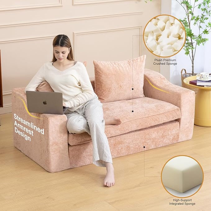61" Convertible Sofa Bed Loveseat, Memory Foam Boneless Floor Couch with Removable Plush Velvet Cover, Tri-folding Compact Full-size Sleeper for Small Living Room, Playroom, Guest Room, RV (Pink) | Convertible Sofa Bed, Premium Memory Foam, Ergonomic D...
