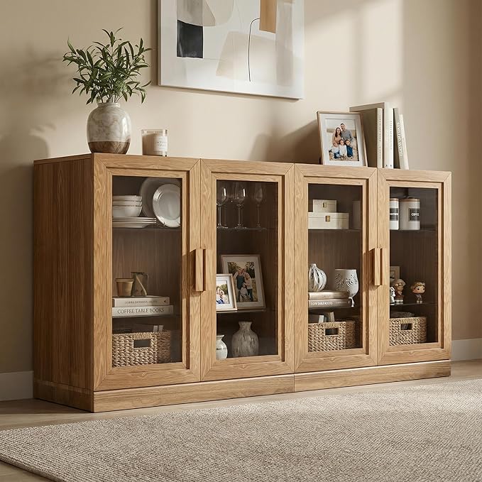 Casaphoria Adam Sideboard Buffet Cabinet with Storage, Display Cabinet with Glass Doors & Adjustable Shelves, 62" W x 36" H Buffet Cabinet for Entryway Kitchen Living Room, Oak