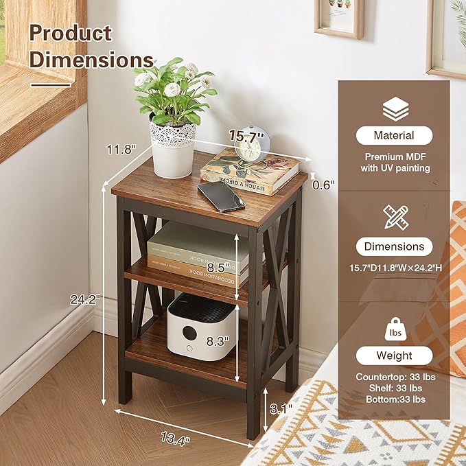 VECELO End Side Table Night Stand Set Of 2,X-Design with Storage Shelf for Bedroom,Living Room,Brown