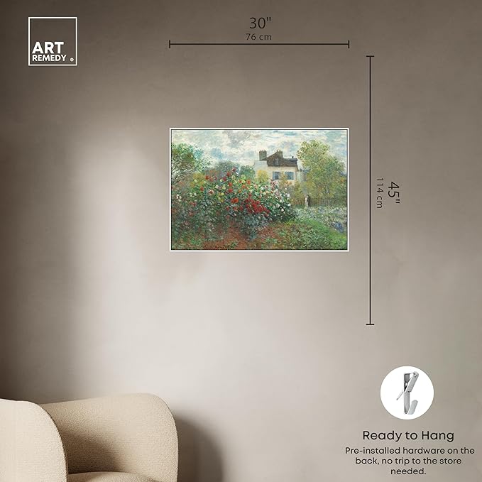 Art Remedy Monet-Garden With Dahlias Impressionism Classic Landscape Paintings Canvas Wall Art, White Floater Frame, 30"x45"