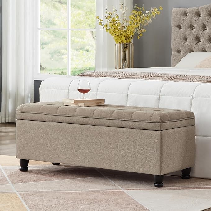 Upholstered Ottoman with Storage,Entryway Bench with Tufted Buttons and Spindle Wooden Legs for Living Room,Bedroom,Linen