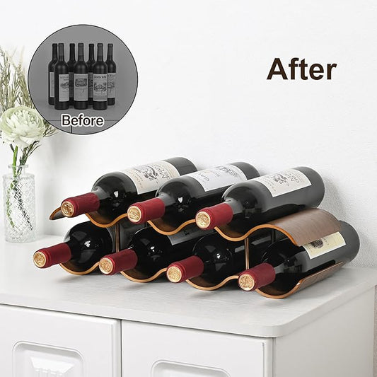 Countertop Wine Rack - 7 Bottle Freestanding Wine Bottle Holder Stand - 2 Tier Wooden Wine Storage Rack - Walnut Wavy Wine Organizer for Cabinet Pantry Home Kitchen Bar
