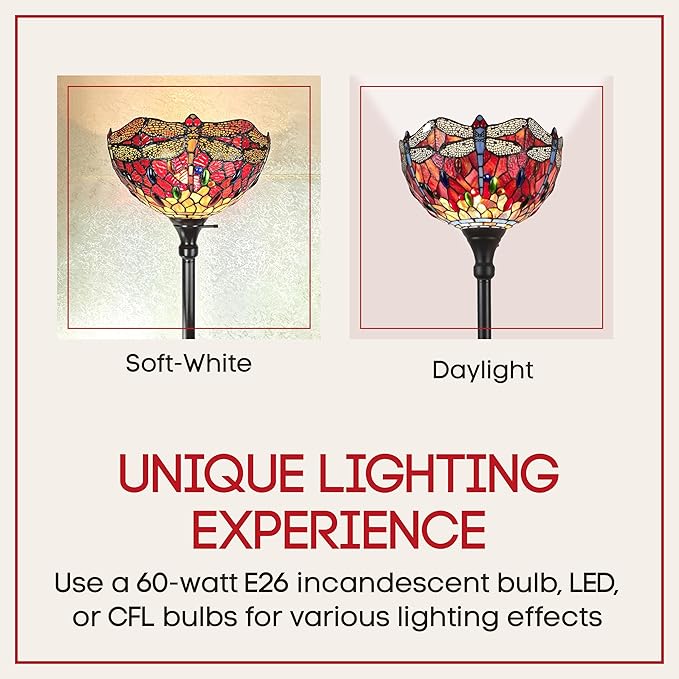 Amora Upright Tiffany Floor Lamp - 74” Dragonfly Stained Glass Floor Lamp