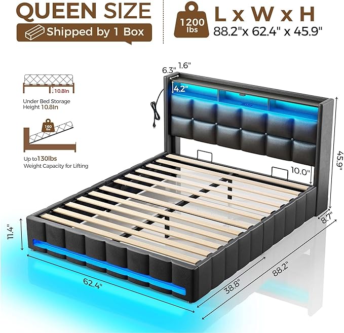 Rolanstar Bed Frame Queen Size with Lift Up Storage, Charging Station & LED Lights, Upholstered Storage Headboard, Heavy Duty Wooden Slats, No Box Spring Needed, Noise Free, Easy Assembly, Black