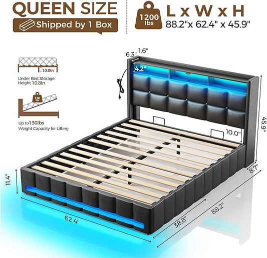 Rolanstar Bed Frame Queen Size with Lift Up Storage, Charging Station & LED Lights, Upholstered Storage Headboard, Heavy Duty Wooden Slats, No Box Spring Needed, Noise Free, Easy Assembly, Black