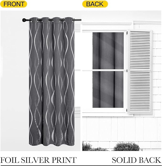 NICETOWN Grey Extra Long Blackout Curtains 120 inches Long 2 Panels Set for Large Window, Foil Printed Wave Lines Energy Saving Thermal Insulated Blackout Draperies for Kids Nursery Boys Bedroom