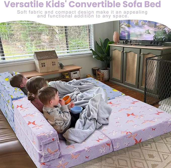 MeMoreCool Foldable Futon Chair Bed for Kids, Glow Tri-fold Sofa Bed Convertible Toddler Sofa Mattress, Foam Floor Couch for Sitting, Purple