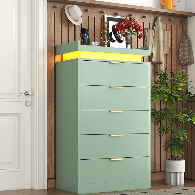 Tall Dresser for Bedroom, Dresser with LED Lights, Wood 5 Drawer Chest with Power Outlet, Modern Chest of Drawers for Bedroom, Living Room, Entryway, Hallway, Green
