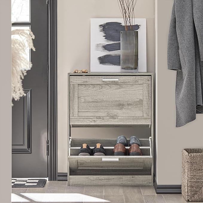 Haotian Enclosed Shoe Rack for Entryway, Narrow Shoe Cabinet with 2 Flip Drawers, Slim Shoe Storage Organizer for Hallway or Small Spaces, Grey, FSR137-HG