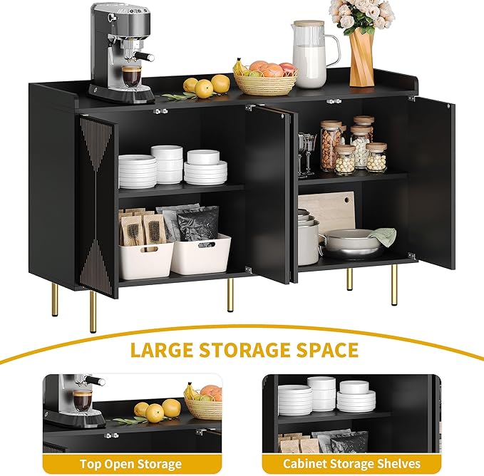 DWVO Modern Kitchen Storage Cabinet with Adjustable Shelves, 55" Sideboard Buffet Cabinet with Storage for Hallway, Kitchen or Living Room, Black