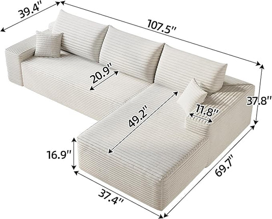 107" Oversized White Cloud L Shaped Sofa - Plush Corduroy Big Couch for Living Room Bedroom Apartment, Right Facing Chaise, No Assembly Required