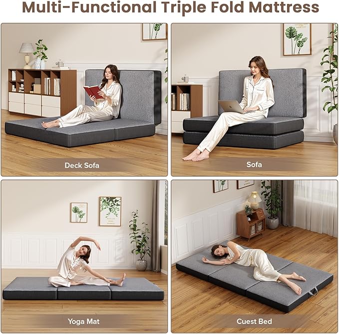 Vamcheer Tri Folding Mattress Full Size - 6 Inch Foldable Mattress for Travel/RV/Camping/Guest Room/Yoga, 73"x52"x6" Tri-fold Memory Foam Cushion with Washable Cover