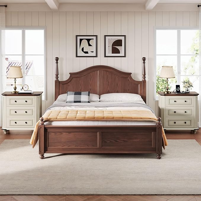 DWVO 29 Inch Wide Nightstand with Charging Station, Farmhouse Bedside Table with 3 Drawers, Wood Night Stand w/Storage, Rustic Bed Side End Table for Bedroom Dorm Small Space, White