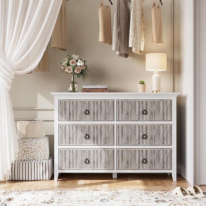 GarveeHome 6 Drawer Dresser for Bedroom, Waveform Fluted Chest with Large Drawer, Wooden Chest of Storage Cabinet, Fluted Dressers for Bedroom Living Room Hallway Closet, Anti-Tipping