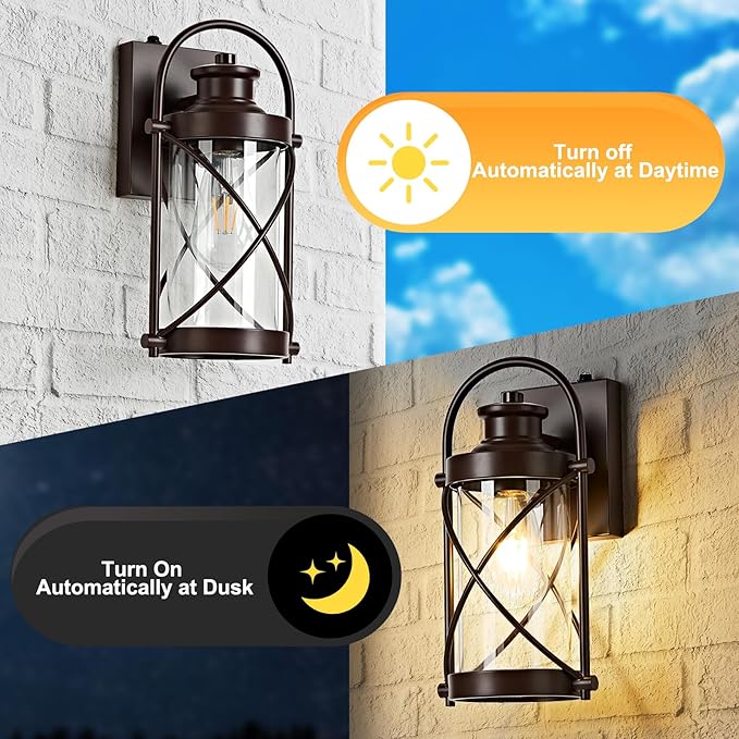 Dusk to Dawn Outdoor Wall Lights Fixtures, Waterproof Exterior Lighting Fixtures with Photocell Sensor,Vintage Coffee-Bronze Metal Cage Lantern Outside Lights for Porch Patio House Garage（2 Pack）