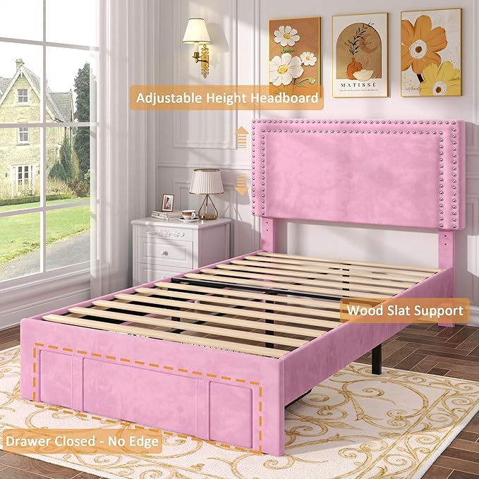 VECELO Twin Size Bed Frame with Storage Drawer, Adjustable Velvet Rivet Decor Headboard, Wooden Slats Support Platform, No Box Spring Needed, Easy Assembly