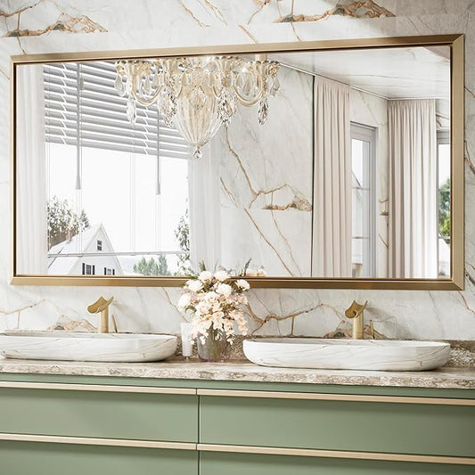 TETOTE 72 x 36 Inch Large Gold Vanity Mirror for Bathroom Sink Wall Mounted Brushed Gold Rectangle Stereo Beveled Framed Shatterproof Mirror Modern Home Living Room Decorative, Horizontal/Vertical