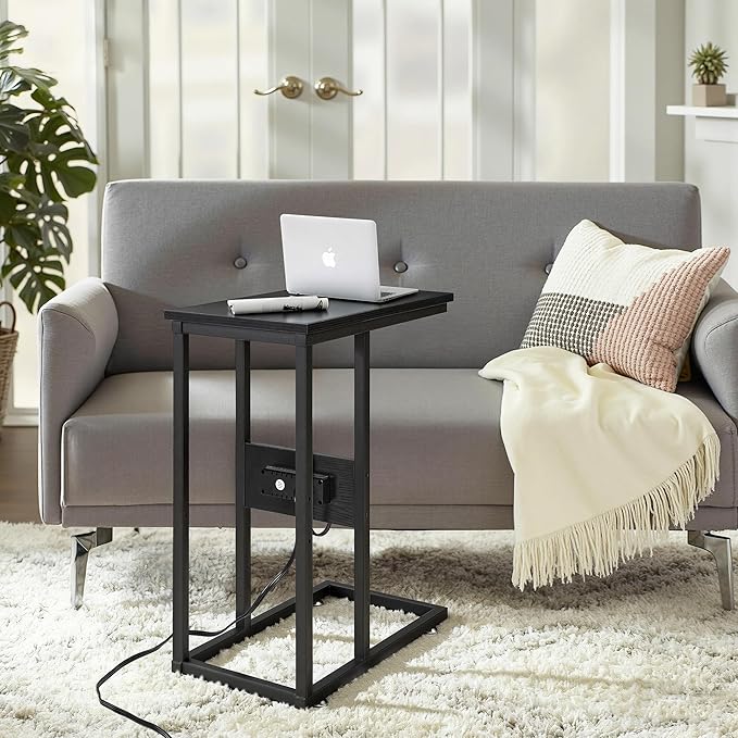 VECELO C-Shaped End Side Table Set of 2, with Charging Station & Two USB Ports and Outlets for Living Room, Bedroom, with Adjustable Feet for Couch/Sofa, Bedside, Small Spaces， Black