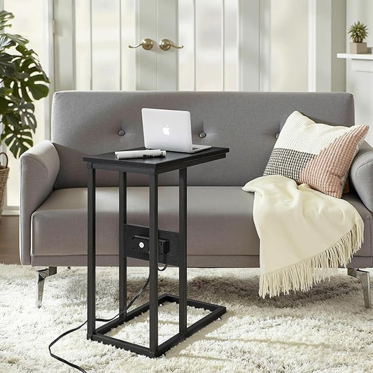 VECELO C Shaped End Side Table with Charging Station & Power Outlets for Couch Sofa/Bed, Snack TV Tray with Metal Frame for Living Room Bedroom 1 PCS, Black