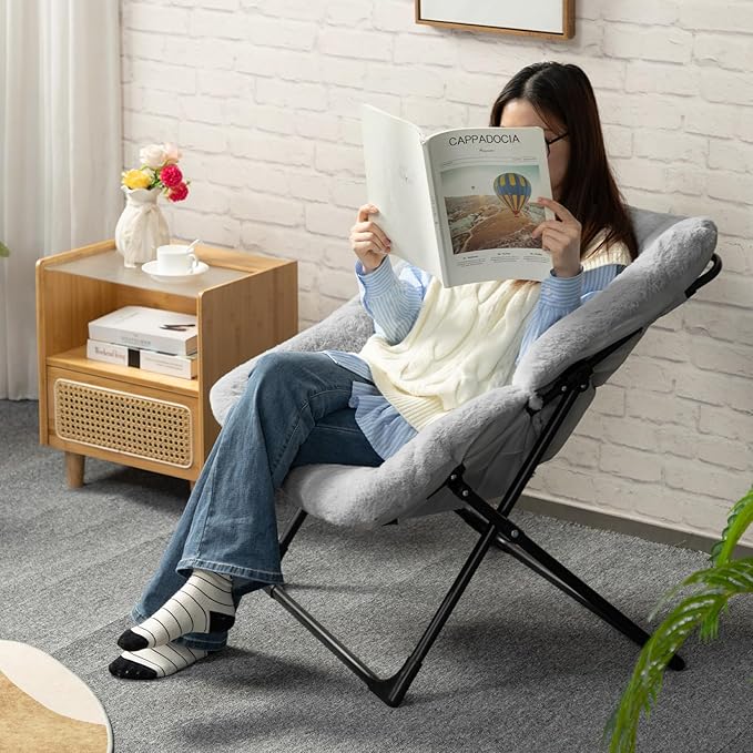 HollyHOME Comfy Oversized Saucer Chair, Extra Large Folding Lounge Chair for Adults, Foldable Accent Lazy Chair for Living Room, Bedroom, Dorm, Collapsible Reading Chair for Teens Kids, X-Large,Grey