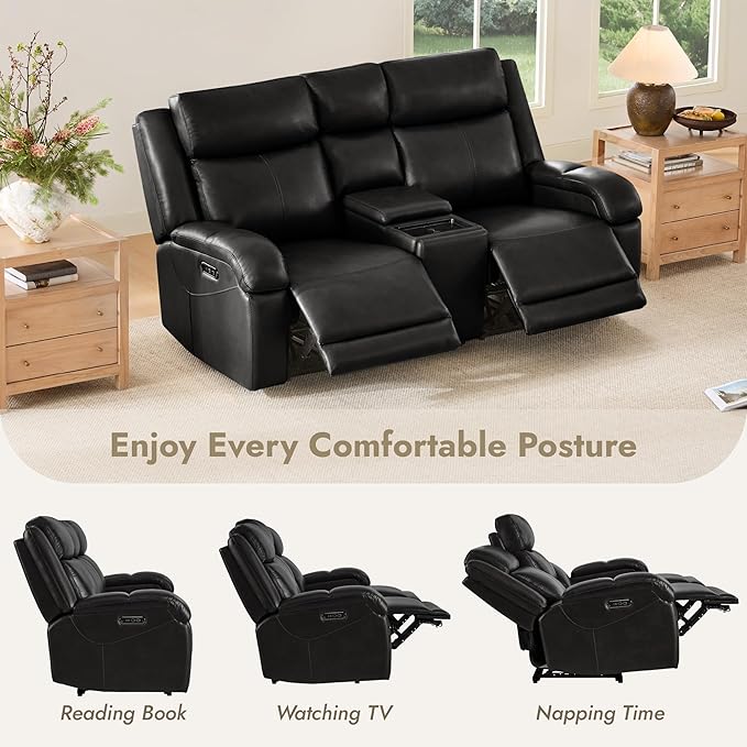 Watson & Whitely Genuine Leather Power Loveseat Recliner Sofa, Wall Hugger Loveseat Reclining Sofa with Storage Console, Power Headrest, Cup Holders, Dual Recliners for Living Room, RV, Black