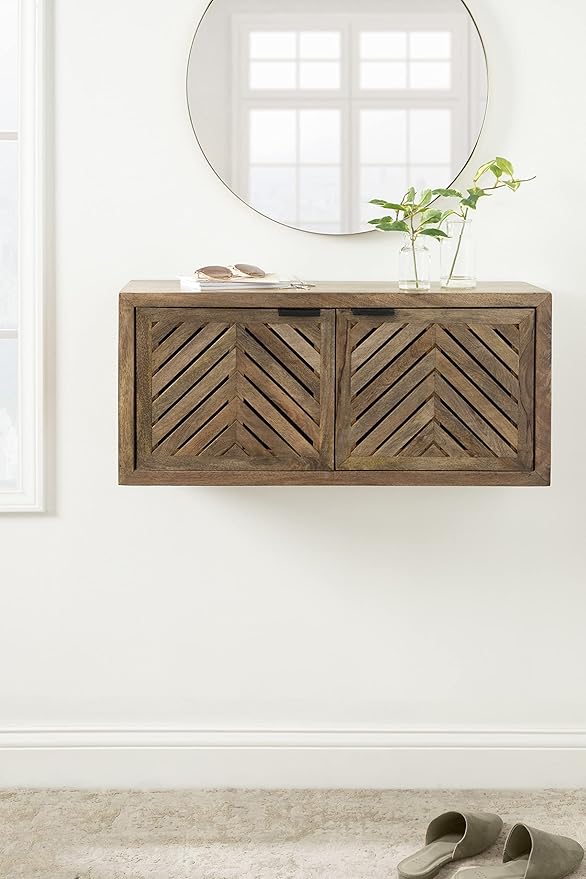 Kate and Laurel Mezzeta Boho Decorative 2-Door Wall Cabinet; 30 x 10 x 14; Natural Wood; Decorative Modern Storage Cabinet with Doors