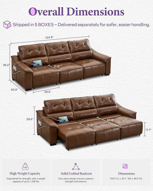 TYBOATLE Electric Reclining Sectional Couch, Power Recliner Sofa w/USB & Type-C Charging Ports and Cup Holders, Leather Reclining Sofa for Living Room, Home Theater (Brown)