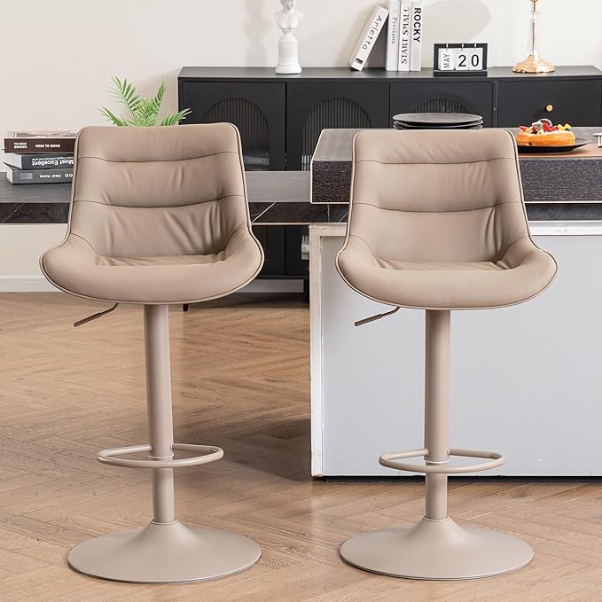Kidol & Shellder Bar Stools Set of 2, Adjustable Swivel Counter Height Stools with Back, PU Faux Leather Upholstered, Modern Kitchen Island Home Bar Chair, Khaki