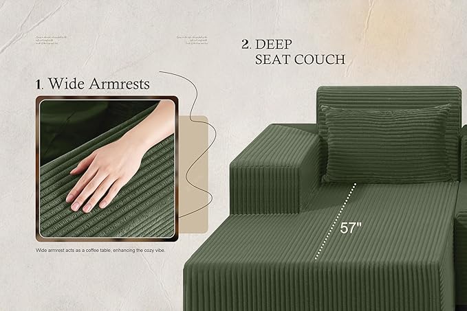 HABUTWAY Sectional Couches for Living Room,No Assembly L Shaped Couch 105" Modular Sectional Sofa Couch with Deep Seat,Cloud Couches Furniture Sets for Apartment,Corduroy (Green, Left Facing)
