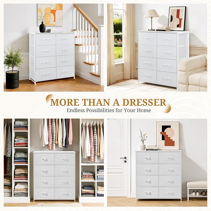 8-Drawer Fabric Dresser, Chest of Drawers Clothes Cabinet for Closet & Bedroom, Storage Organizer with Steel Frame for Entryway, Dorm, Living Room, White