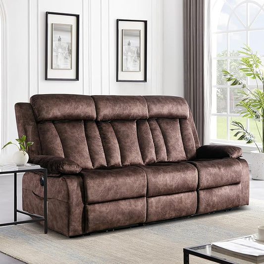 GUEAPY Power Reclining Sofa – 3 Seater Reclining Couch with Massage & Heat, Drop-Down Table, USB & Type-C Charging Ports, Cup Holders, Dutch Velvet,Power Sofa for RV，Media Room & Living Room
