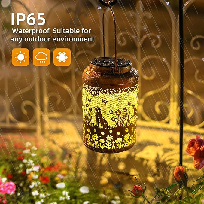 Dog Solar Lanterns Outdoor Waterproof Garden Decor Solar Lights Gifts for Women Men Mom Hanging Lantern LED Light Metal Dog Decoration Outside for Yard,Lawn,Porch,Patio,Tabletop