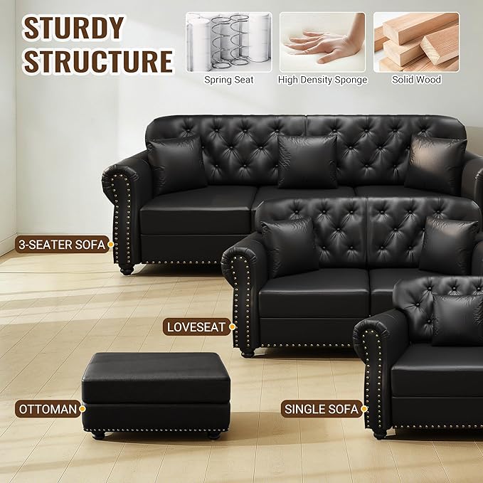 KEIKI 83" Faux Leather Chesterfield Sofa with Rolled Arms & Nailhead Trim & 3 Ottoman, 3-Seater Button Tufted Couch with High Resilience Cushion & 3 Pillow, Easy Assembly, for Living Room, Black