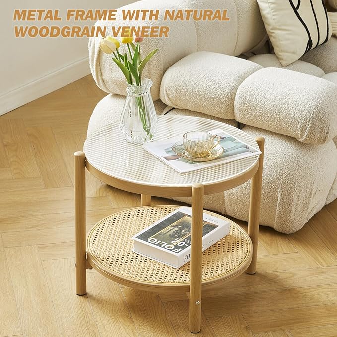 COSVALVE 19.6" Boho Rattan Coffee Table, Round Glass Metal End Table, Modern Simple 2 Tier Side Table for Sofa Bed Side Small Space Living Room Bedroom Office Meeting Room