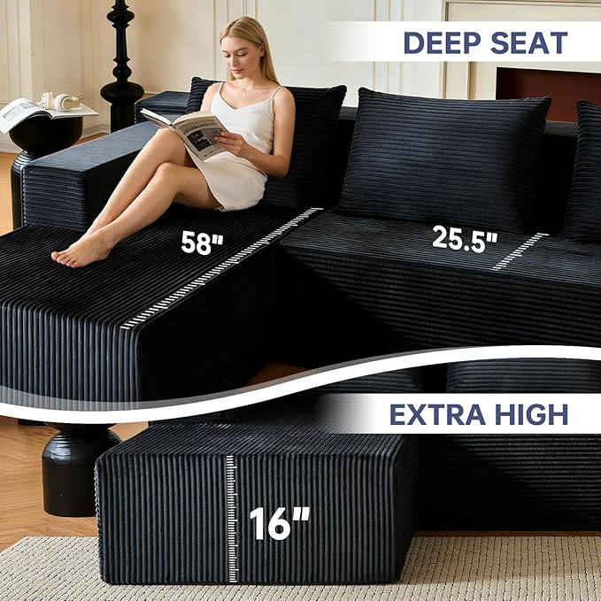 HonTop 103” L-Shaped Modular Sectional Sofa with Chaise, Boneless Comfy Corduroy Fluffy Couch with Deep Seat, Flexible Module Combination for Living Room, No Assembly, Black Left | Friendly Size, Flexible Modular, Family Pet-Friendly, Soft Corduroy, Su...