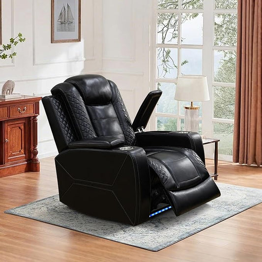 Power Recliner Chair for Living Room, Breathing Leather Reclining Chair with LED Lighting, USB Charging Port and Armrest Hidden Storage (Black Upgared)