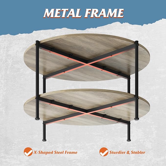 WLIVE Round Coffee Table for Living Room, 32.6" Small Coffee Table with Open Storage Shelf, 2-Tier Industrial Circle Wood Center Table for Bedroom, Home Office, Grey