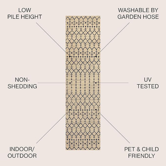 JONATHAN Y Moroccan Geometric Indoor Outdoor Runner Rug 2X8 Beige/Navy, Ourika Textured Weave for Backyard, Patio, Porch, Easy-Cleaning, High Traffic, Pet-Friendly, Non-Shedding (SMB108H-28)