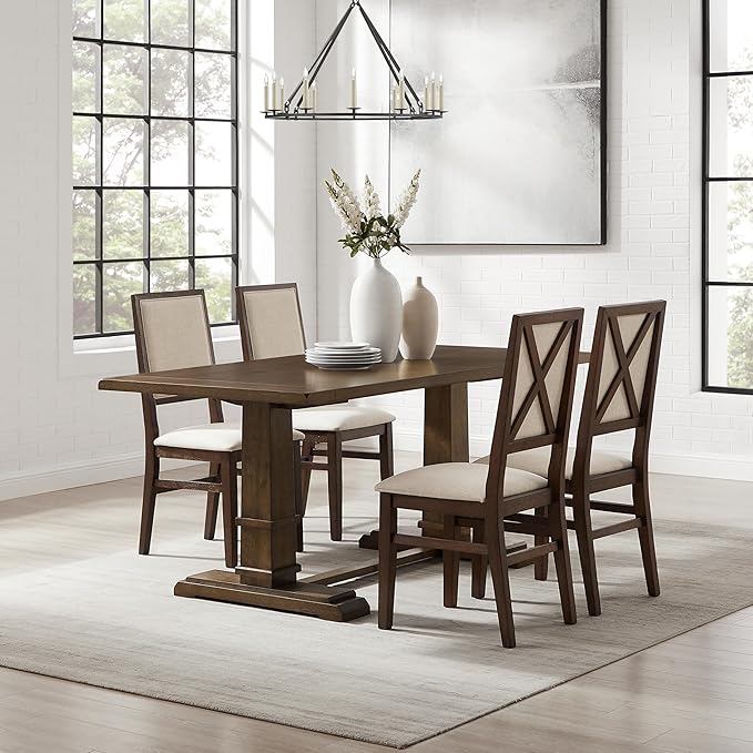 Crosley Furniture Joanna 5-Piece Modern Farmhouse Dining Table Set for 4 with Upholstered Chairs, Dark Oak/Creme