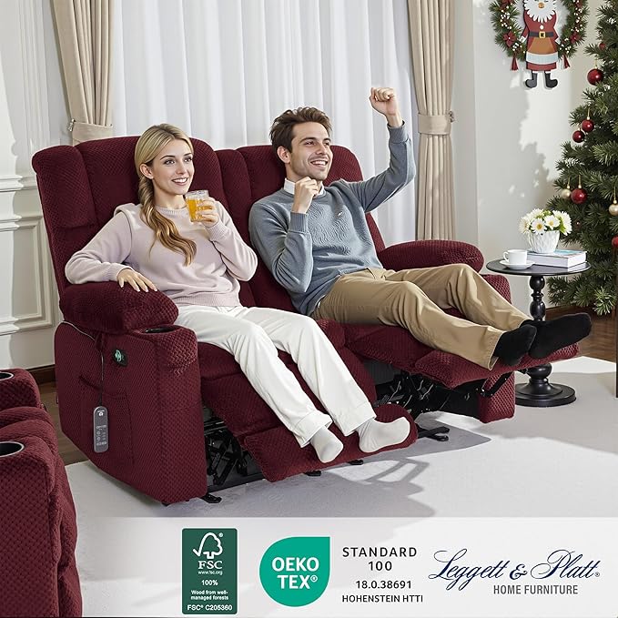 MCombo 57" Power Loveseat Recliner, Electric Reclining Loveseat Sofa with Heat and Vibration, Cupholders, USB Charge Ports for Living Room 6314 (Burgundy, Loveseat)